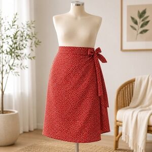Shein Curve Red Ditsy Floral‎ Wrap Midi Skirt Plus Size 0XL Side Tie Slit
